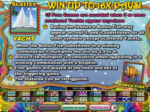 Crystal Waters Big Bonus Slots Win up to 16x Pays! 15 free games are awarded when 3 or more scattered yachts appear anywhere.