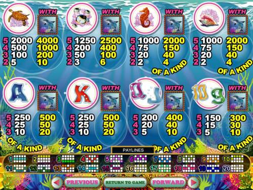 Crystal Waters Big Bonus Slots Slot game symbols paytable featuring sea ceature inspired icons.