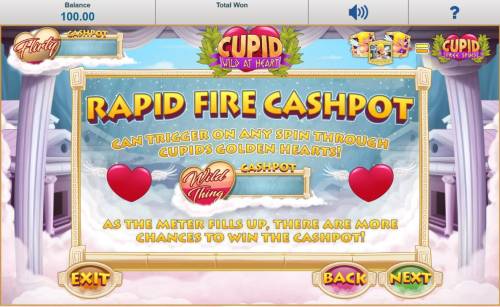 Cupid Wild at Heart Big Bonus Slots Rapid Fire Cashpot - Can trigger on any spin through cupids golden hearts! As the meter fills up, there are more chances to win the cashpot!
