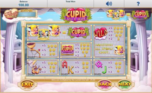 Cupid Wild at Heart Big Bonus Slots Slot game symbols paytable featuring love inspired icons.