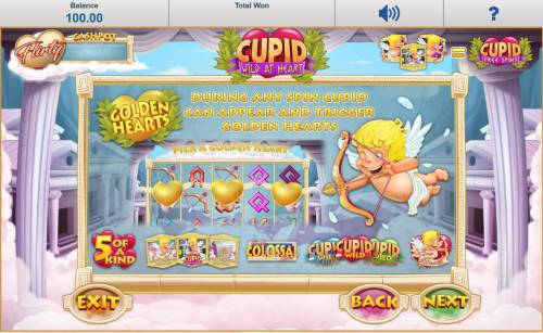 Cupid Wild at Heart Big Bonus Slots Golden Hearts - During any spin cupid can appear and trigger Golden hearts. Pick one to reveal a bonus prize.
