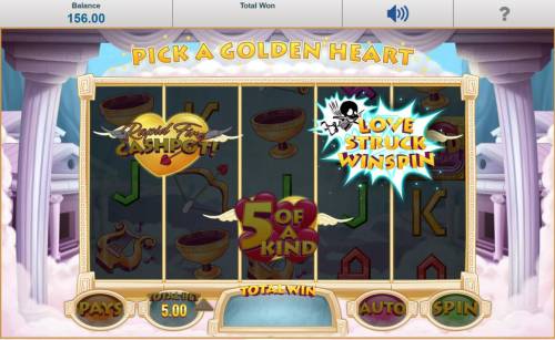 Cupid Wild at Heart Big Bonus Slots Pick a Golden Heart bonus play, here the selected golden heart reveals the Love Struck Winspin bonus.