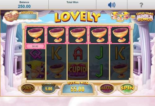 Cupid Wild at Heart Big Bonus Slots Five of a kind pays a 50.00 prize.