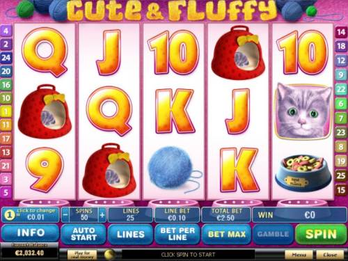 Cute and Fluffy Big Bonus Slots Main game board featuring five reels and 25 paylines with a $2,500 max payout