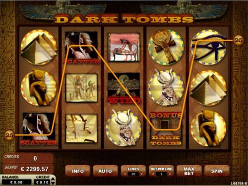 Dark Tombs Big Bonus Slots Main game board featuring five reels and 25 paylines with a $400 max payout