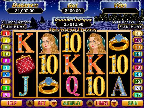 Diamond Dozen Big Bonus Slots A luxury themed main game board featuring five reels and 10 paylines with a $50,000 max payout