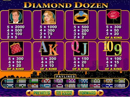 Diamond Dozen Big Bonus Slots Slot game symbols paytable featuring luxury themed icons.