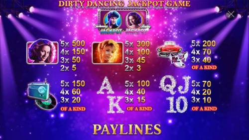 Dirty Dancing Big Bonus Slots High value slot game symbols paytable featuring American musical romance film insprired icons.