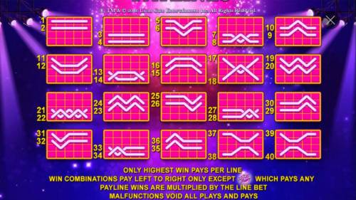 Dirty Dancing Big Bonus Slots Payline Diagrams 1-40. Only highest win paid per line. Win combinations pay left to right only except scatter which pays any.