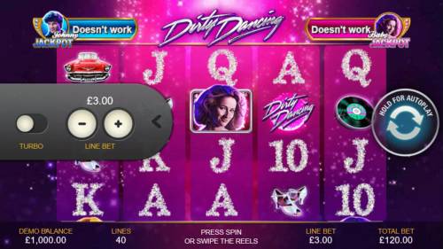 Dirty Dancing Big Bonus Slots Click on the side menu button to adjust the coin value.