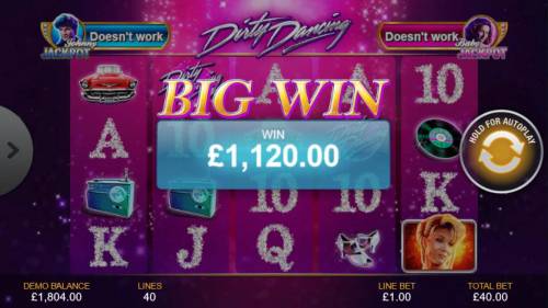 Dirty Dancing Big Bonus Slots Bonus game pays out a total of 1,120.00 for an awesome win.