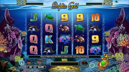 Dolphin Gold Big Bonus Slots Main game board featuring five reels and 40 paylines with a $4,000 max payout