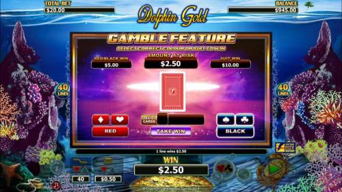 Dolphin Gold Big Bonus Slots Gamble feature is available after each winning spin. Select color or suit to play.