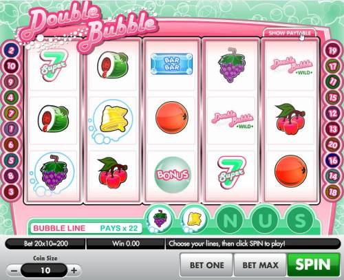 Double Bubble Big Bonus Slots Main game board featuring five reels and 20 paylines with a $2,000,000 max payout