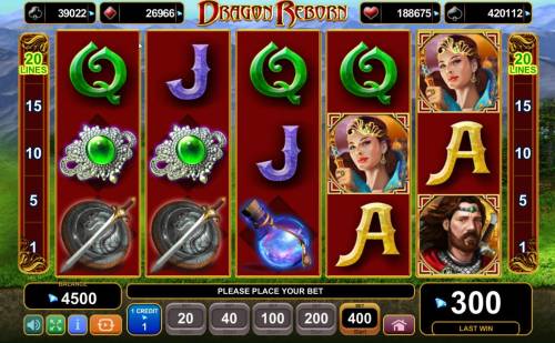 Dragon Reborn Big Bonus Slots Main game board featuring five reels and 20 paylines with a progressive jackpot max payout.