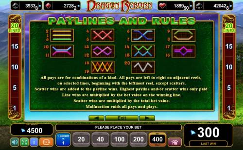 Dragon Reborn Big Bonus Slots General Game Rules and Payline Diagrams 1-20