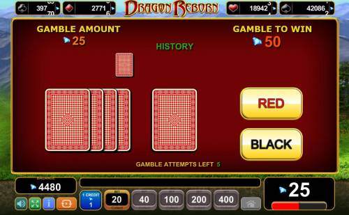 Dragon Reborn Big Bonus Slots Gamble Feature - To gamble any win press Gamble then select Red or Black.