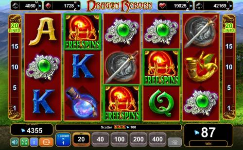Dragon Reborn Big Bonus Slots Three scatters appearing anywhere on reels 2, 3 and 4 triggers the bonus feature.
