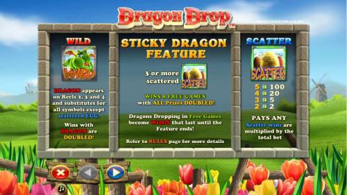 Dragon Drop Big Bonus Slots Wild symbol paytable. Scatter symbol paytable and Sticky Dragon Feature Rules