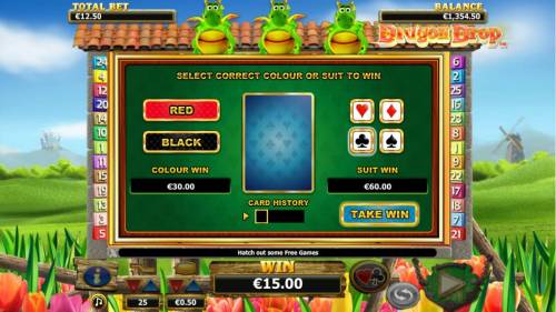 Dragon Drop Big Bonus Slots Gamble feature is available after each winning spin. Select color or suit to play.