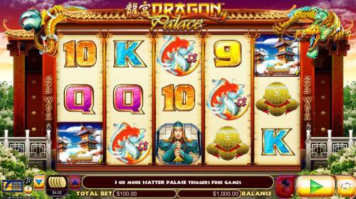 Dragon Palace Big Bonus Slots Main game board featuring five reels and 243 ways to win with a $4,000 max payout
