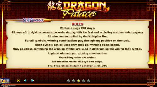 Dragon Palace Big Bonus Slots General Game Rules - The theoretical Return-To-Player (RTP) is 95.58%.