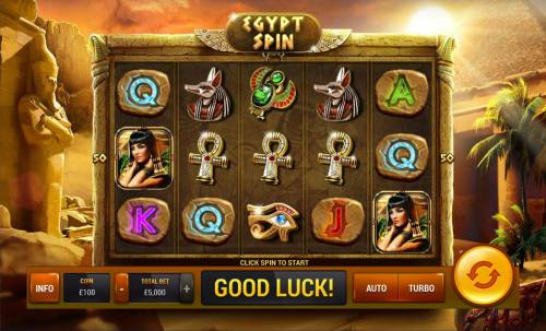 Egypt Spin Big Bonus Slots Main game board featuring five reels and 50 paylines with a $100,000 max payout.