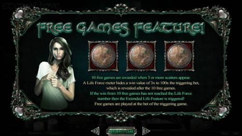 Eternal Love Big Bonus Slots Free Games Feature - 10 free games are awarded when 3 or more scatters appear. A Life Force meter hides a win value of 3x to 100x the triggering bet, which is revealed after the 10 free games. If the win from 10 free games has not reached the Life Force n