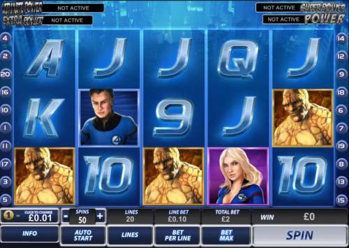 Fantastic 4 Big Bonus Slots main game board featuring four mystery progressive jackpots, 5 reels and 20 paylines