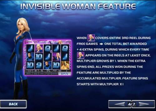 Fantastic 4 Big Bonus Slots invisible woman feature awards 4 extra spins when covering 3rd reel