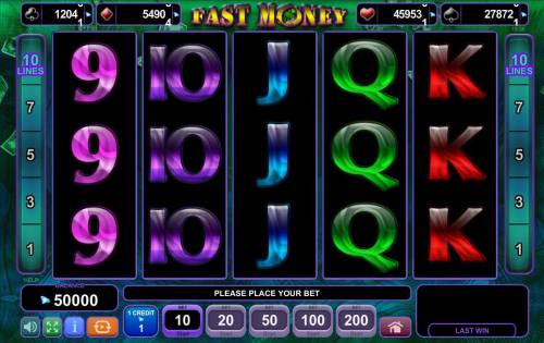 Fast Money Big Bonus Slots Main game board featuring five reels and 10 paylines with a $20,000 max payout.