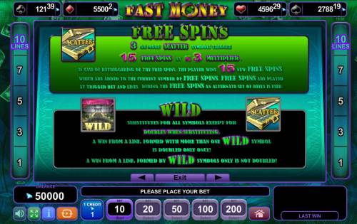 Fast Money Big Bonus Slots Free Spins Rules - 3 or more scatter symbols trigger 15 free spins at x3 multiplier. Wild substututes for all symbols except for scatter. Doubles when substituting.