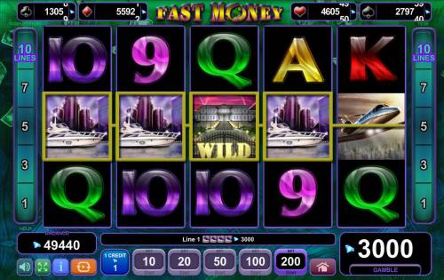 Fast Money Big Bonus Slots A winning Four of a Kind pays player 3000 coins.