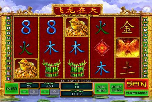 Fei Long Zai Tian Big Bonus Slots Main game board featuring five reels and 25 paylines with a $50,000 max payout.
