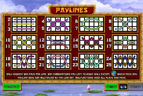 Fei Long Zai Tian Big Bonus Slots Payline Diagrams 1-25. Only highest win pays per line. Win combinations pay left to right. Payline wins are multiplied by the line bet.