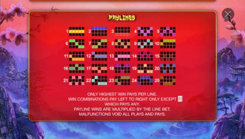 Feng Kuang Ma Jiang Big Bonus Slots Payline Diagrams 1-25. Only highest win pays per line. Win combinations pay left to right only except scatter which pays any.