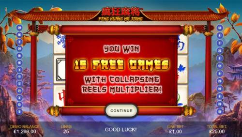 Feng Kuang Ma Jiang Big Bonus Slots 15 free games with collapsing reels multiplier!