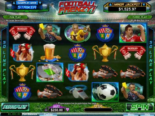 Football Frenzy! Big Bonus Slots Main game board featuring five reels and 50 paylines with a progressive jackpot as the max payout