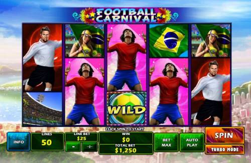 Football Carnival Big Bonus Slots Main game board featuring five reels and 50 paylines with a $150,000 max payout