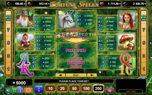 Fortune Spells Big Bonus Slots Paytable