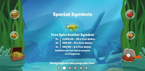 Fortune Fish Big Bonus Slots The sea turtle represents the games scatter symbol. Three or more will award you with 8 to 30 free spins respectively. Additional free spins may be re-triggered. a five of a kind pays 2,500.00