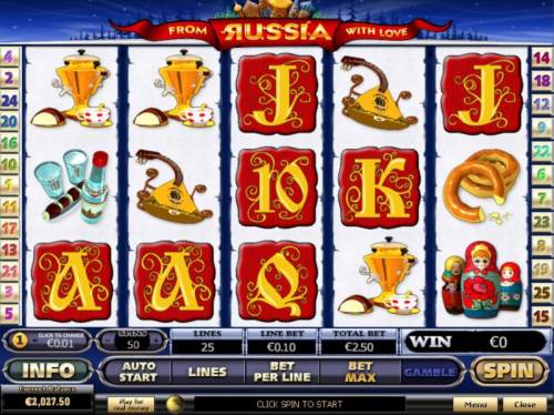 From Russia With Love Big Bonus Slots Main game board featuring five reels and 25 paylines with a $50,000 max payout