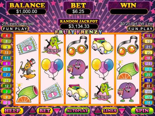 Fruit Frenzy Big Bonus Slots A fruit themed main game board featuring five reels and 25 paylines with a $50,000 max payout