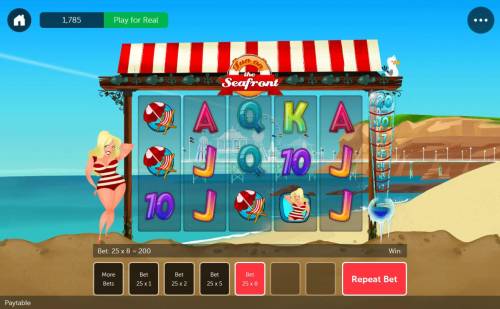 Fun on the Seafront Big Bonus Slots A beach holiday themed main game board featuring five reels and 4 paylines with a $4,000 max payout