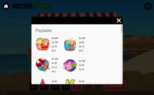 Fun on the Seafront Big Bonus Slots High value slot game symbols paytable featuring beach inspired icons.