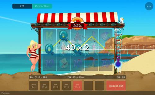 Fun on the Seafront Big Bonus Slots A line win combined with a 2x multiplier awarding an 80.00 payout.
