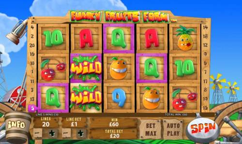 Funky Fruits Farm Big Bonus Slots multiple winning paylines triggers a 60 coin jackpot