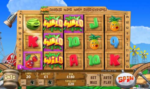 Funky Fruits Farm Big Bonus Slots 180 coin big win triggered by stacked wilds
