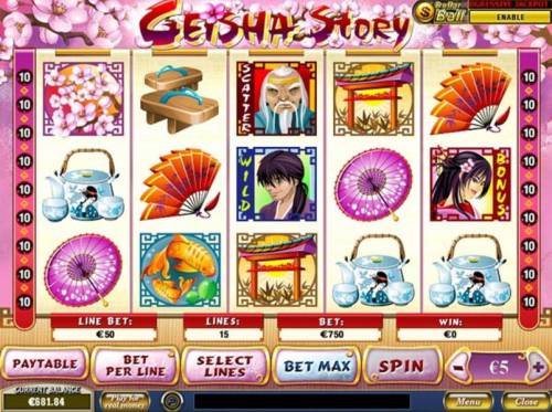 Geisha Story Big Bonus Slots Main game board featuring five reels and 15 paylines with a $10,000 max payout