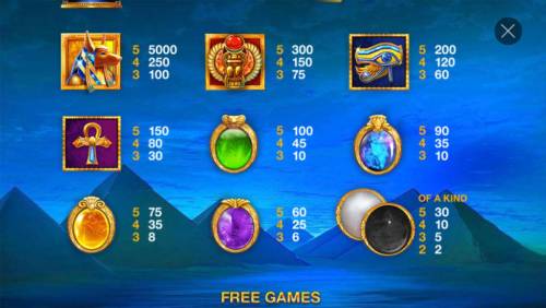 Gem Queen Big Bonus Slots Slot game symbols paytable featuring ancient Egyptian themed icons.